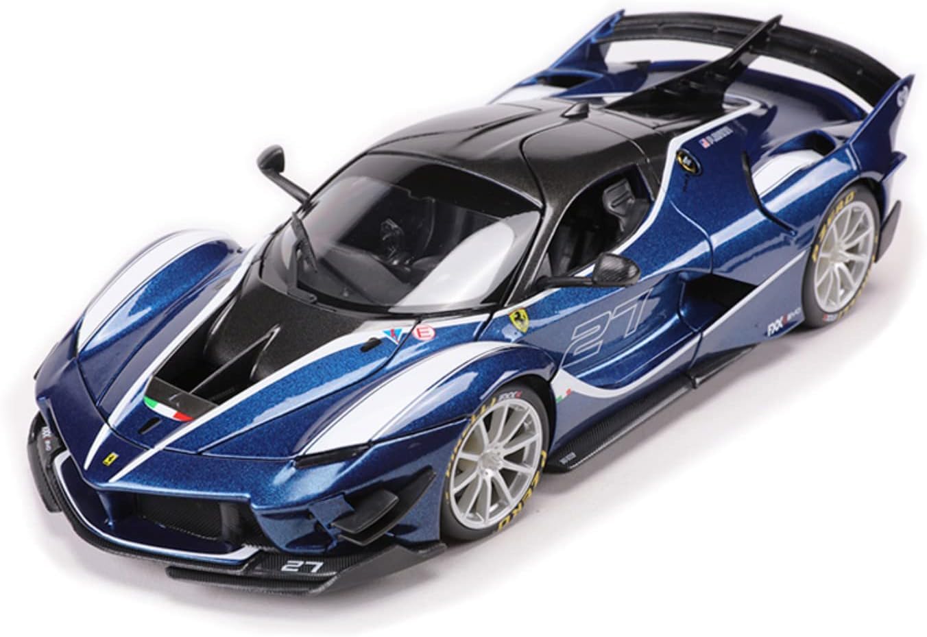 Blue and black sports car model on a white background