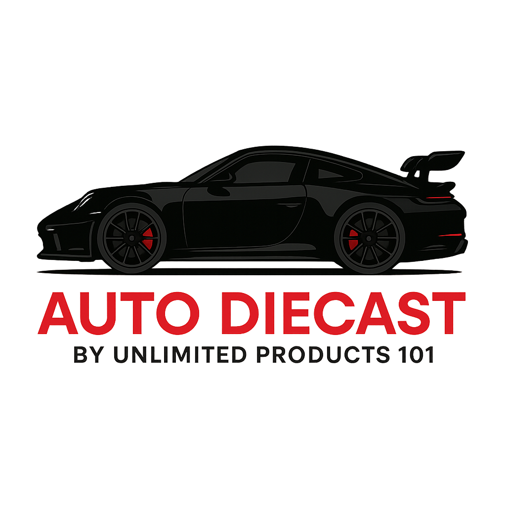 Black silhouette of a sports car with 'Auto Diecast by Unlimited Products 101' text on a white background