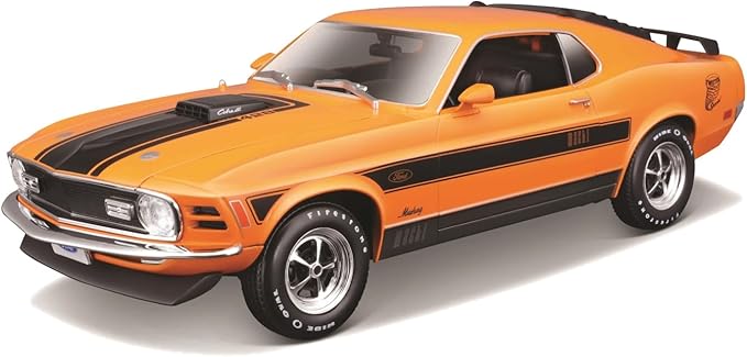 Orange muscle car with black stripes on a white background

