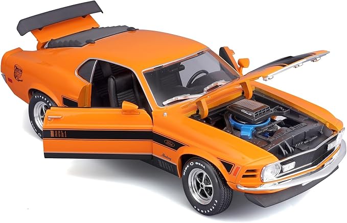 Orange model car with open hood on a white background