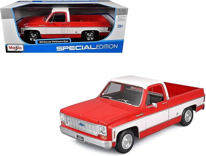 Red and white model truck with 'Majorette' packaging on a white background