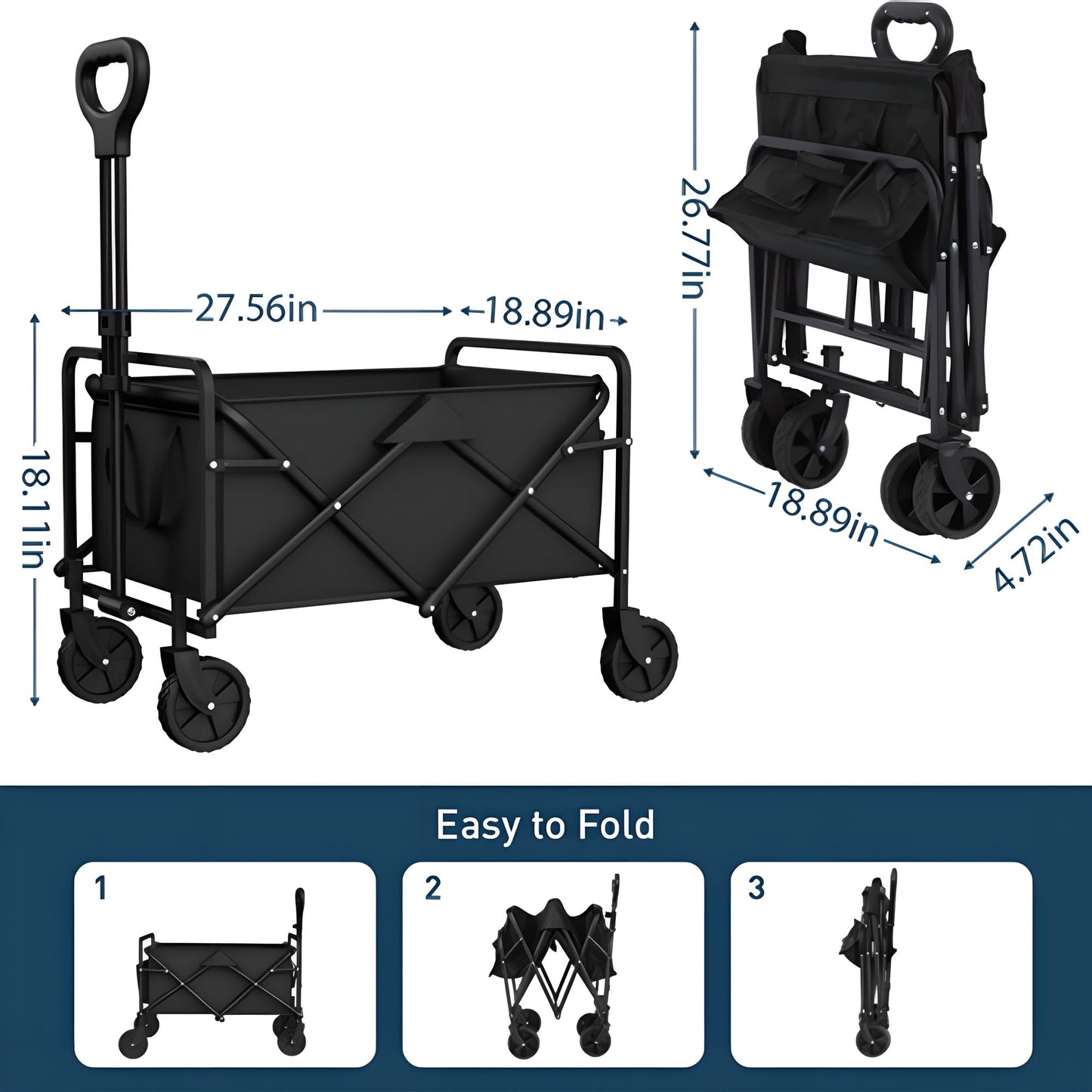 Trolley on Wheels, Transport 150KG Capacity, Folding Festival Portable Beach Trolley Cart, Festival Trolley Heavy Duty, Pull Wagon for Sand Trailer Transport Garden Sport Beach Black