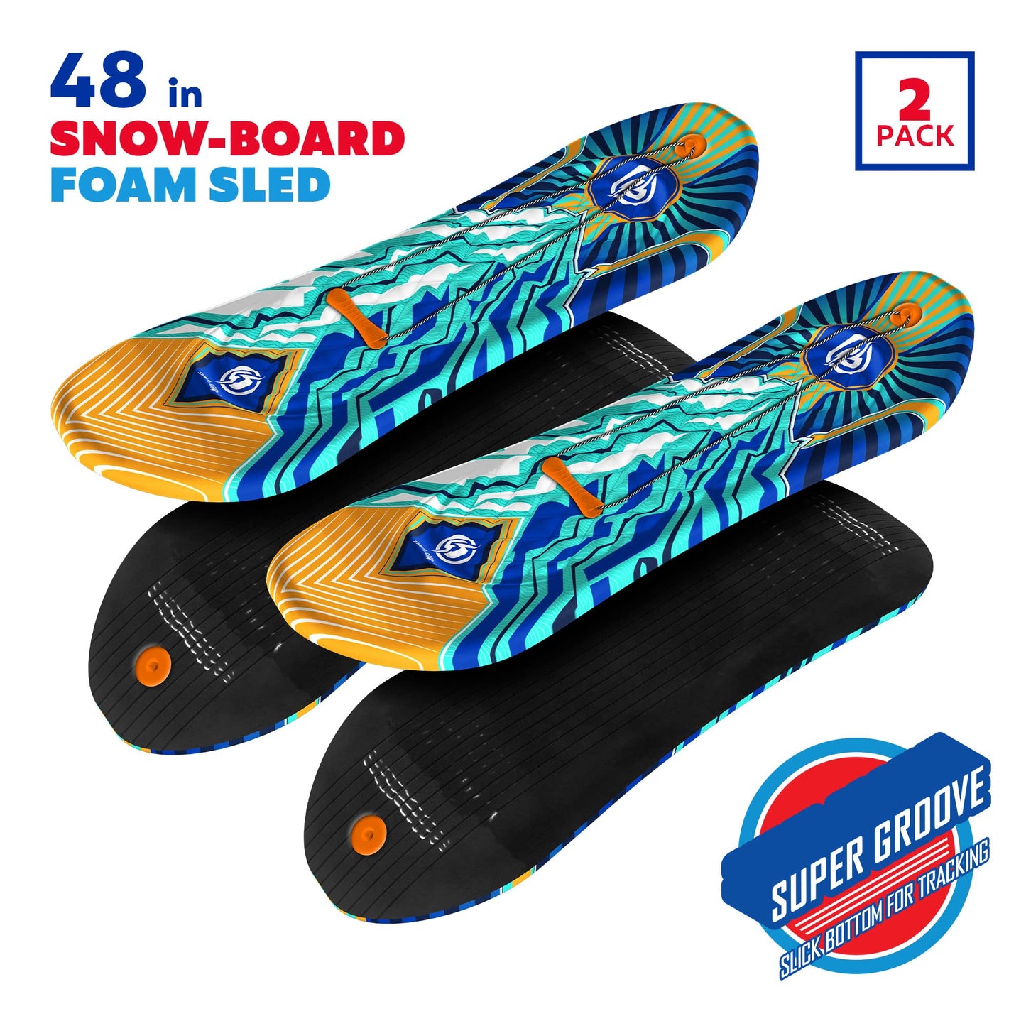 Sno-Storm Premium Foam Snowboard Sled 2-Pack | Tow Rope and Handle | Sized for Youth and Adults | Contoured Foot Deck Design | 48in-122cm Design Length