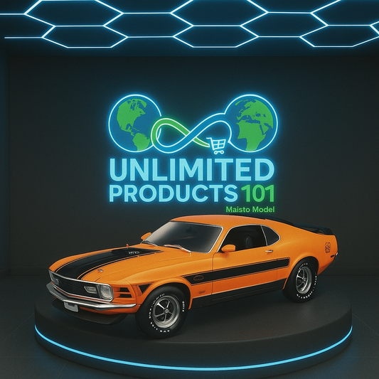 Orange and black model car on a dark background with 'Unlimited Products 101' logo.

