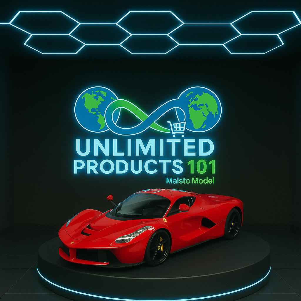 Red sports car model on a dark background with 'Unlimited Products 101' logo.