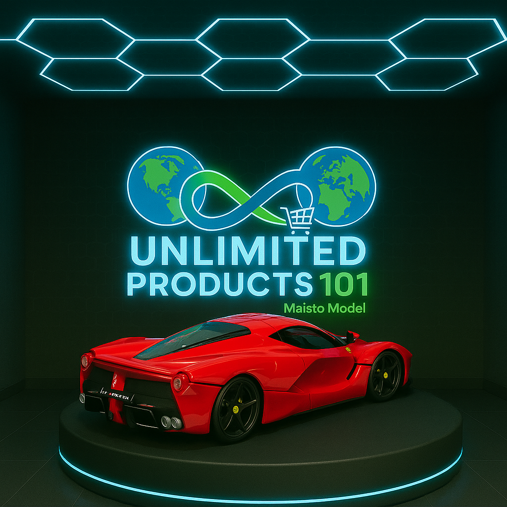 Red sports car model on a dark background with 'Unlimited Products 101' logo.