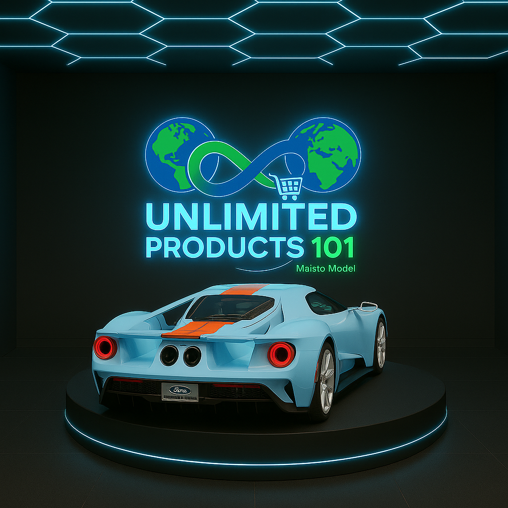 Blue and orange model car on a dark background with 'Unlimited Products 101' branding.