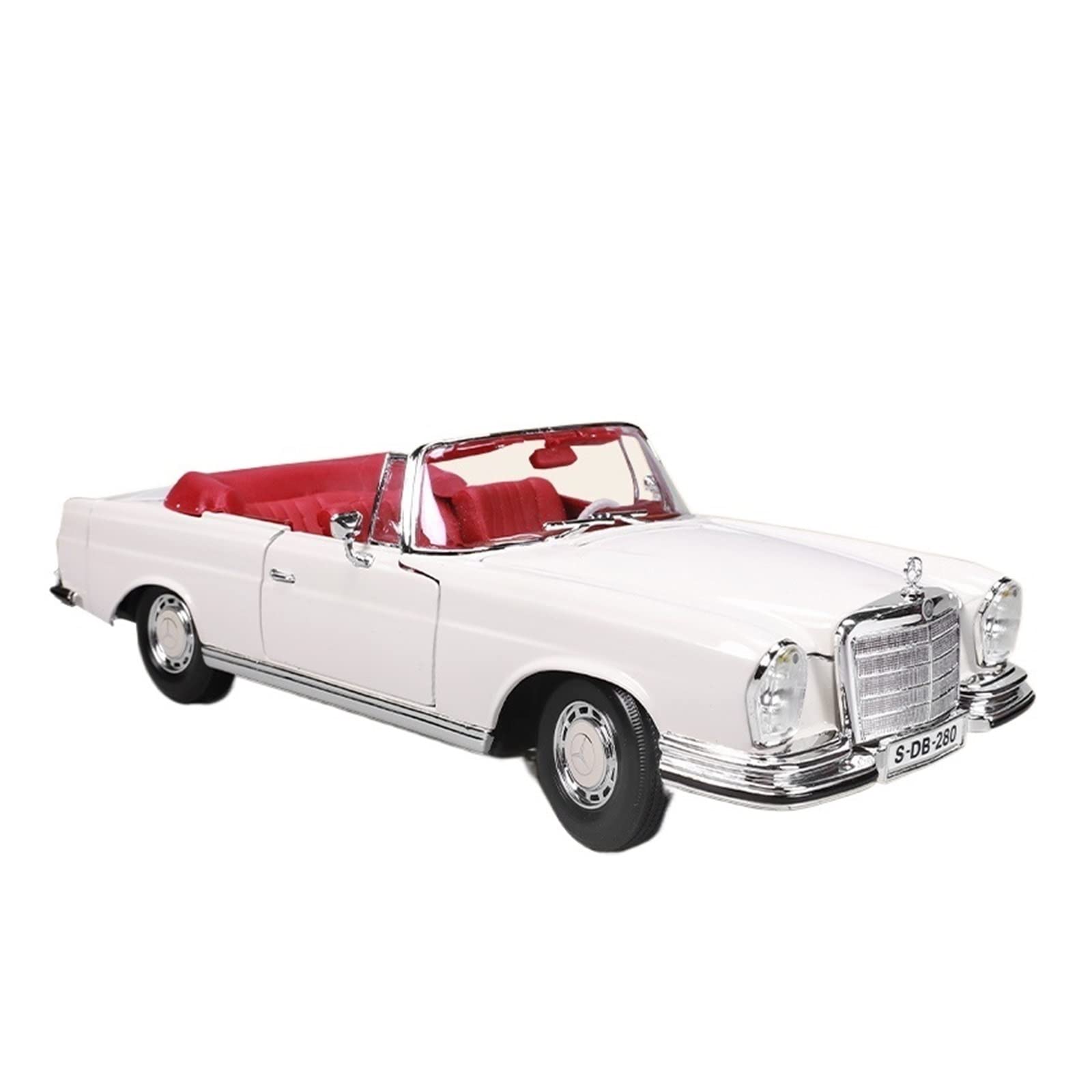 Model of a classic white convertible car with red interior on a white background