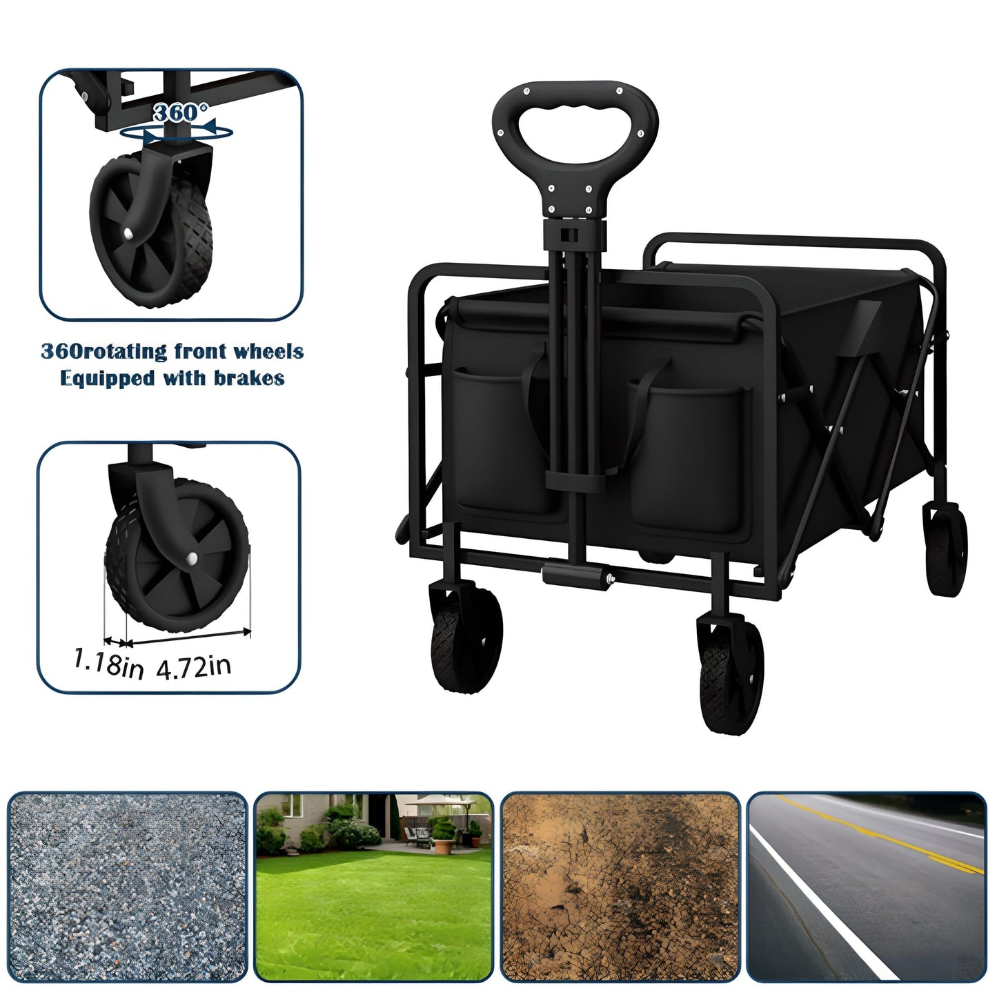 Trolley on Wheels, Transport 150KG Capacity, Folding Festival Portable Beach Trolley Cart, Festival Trolley Heavy Duty, Pull Wagon for Sand Trailer Transport Garden Sport Beach Black